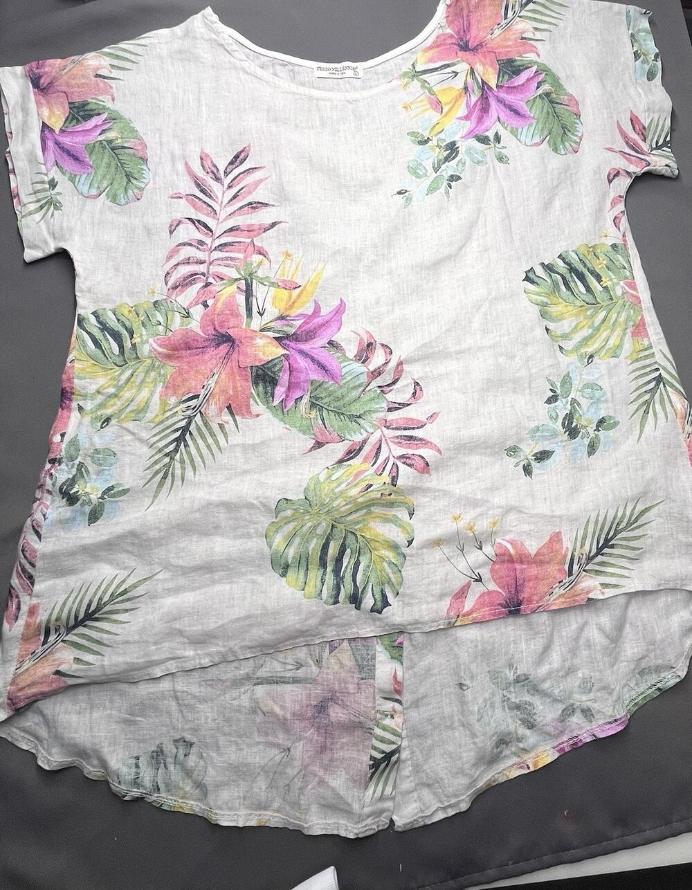 Terzo Millennio Made Italy Linen Floral Blouse White Tropical Short Sleeve Large